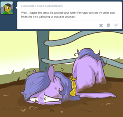 Size: 1181x1125 | Tagged: safe, artist:lolepopenon, imported from derpibooru, oc, oc:billie, earth pony, pony, ask billie the kid, ask, derp, dirt, face down ass up, faceplant, fail, mud, solo