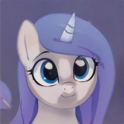 Size: 1024x1024 | Tagged: safe, imported from derpibooru, pony, unicorn, ai content, ai generated, blue eyes, bust, ears up, eyebrows, eyelashes, generator:thisponydoesnotexist, gradient background, looking at you, shading, solo