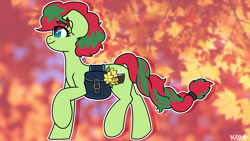Size: 1920x1080 | Tagged: safe, artist:koapony, imported from derpibooru, oc, oc only, earth pony, pony, bag, eye clipping through hair, eyebrows, eyebrows visible through hair, flower, saddle bag, smiling, solo