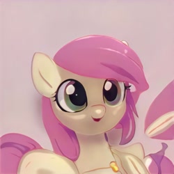 Size: 1024x1024 | Tagged: safe, imported from derpibooru, pony, ai content, ai generated, bust, ears up, generator:thisponydoesnotexist, gradient background, looking at you, open mouth, open smile, pink mane, shading, smiling, smiling at you, solo