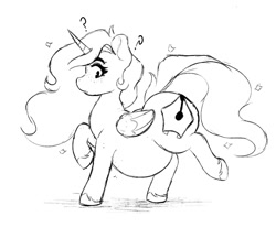 Size: 1053x911 | Tagged: safe, artist:somefrigginnerd, imported from derpibooru, oc, oc only, oc:pencil test, alicorn, pony, alicorn oc, alicornified, confused, fat, female, freckles, grayscale, horn, large butt, mare, monochrome, question mark, race swap, raised hoof, raised leg, side view, simple background, solo, unshorn fetlocks, white background, wings