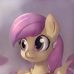 Size: 1024x1024 | Tagged: safe, imported from derpibooru, pony, ai content, ai generated, bust, ears up, eyelashes, generator:thisponydoesnotexist, gradient background, lighting, looking sideways, nostrils, pink mane, shading, solo