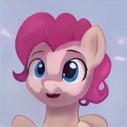 Size: 1024x1024 | Tagged: safe, imported from derpibooru, pony, ai content, ai generated, blue eyes, bust, generator:thisponydoesnotexist, gradient background, nostrils, not pinkie pie, open mouth, open smile, pink mane, raised eyebrows, shading, smiling, solo
