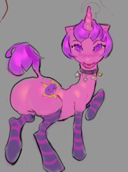 Size: 626x843 | Tagged: safe, artist:gungulon, imported from derpibooru, pony, unicorn, ambiguous gender, butt, clothes, looking at you, plot, purple eyes, short hair, socks, solo, stockings, striped socks, thigh highs