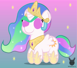 Size: 1320x1177 | Tagged: safe, artist:wheatley r.h., derpibooru exclusive, imported from derpibooru, princess celestia, alicorn, pony, chibi, female, gradient background, mare, simple background, solo, stars, vector, watermark