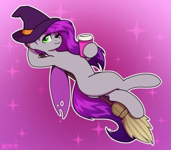 Size: 1880x1653 | Tagged: safe, artist:koapony, imported from derpibooru, oc, oc only, changeling, pony, broom, coffee, eyebrows, eyebrows visible through hair, flying, flying broomstick, hat, one eye closed, solo, sparkles, wink, witch hat