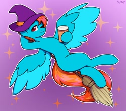 Size: 1880x1653 | Tagged: safe, artist:koapony, imported from derpibooru, oc, oc only, pegasus, pony, broom, coffee, colored wings, colored wingtips, eyebrows, eyebrows visible through hair, flying, flying broomstick, hat, one eye closed, solo, sparkles, spread wings, two toned wings, wings, wink, witch hat