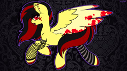 Size: 1920x1080 | Tagged: safe, artist:koapony, imported from derpibooru, oc, oc:koa, pegasus, pony, blood, clothes, colored wings, colored wingtips, ear piercing, earring, fangs, fishnets, jewelry, leg warmers, looking at you, open mouth, piercing, scene hair, socks, solo, striped socks, tongue out, two toned wings, wings