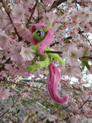 Size: 2736x3648 | Tagged: safe, alternate version, artist:malte279, imported from derpibooru, part of a set, fluttershy, pony, chenille, chenille stems, chenille wire, cherry blossoms, climbing, craft, flower, flower blossom, irl, part of a series, photo, pipe cleaner sculpture, pipe cleaners