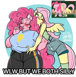 Size: 703x714 | Tagged: safe, artist:shinysolaria, edit, edited screencap, imported from derpibooru, screencap, fluttershy, pinkie pie, anthro, earth pony, pegasus, blushing, bracelet, breasts, busty pinkie pie, chubby, eyes closed, female, flutterpie, jewelry, lesbian, shipping, solo, thick, tongue out