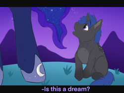 Size: 2000x1500 | Tagged: safe, artist:galaxylatte, imported from derpibooru, princess luna, oc, oc:galaxylatte, alicorn, pony, unicorn, baby, baby pony, curious, dream, female, filly, foal, night, outdoors, royalty, scene, simple background, solo, wavy mane