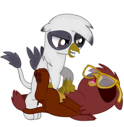 Size: 2578x2645 | Tagged: safe, artist:beesmeliss, imported from derpibooru, oc, oc only, oc:gareth, oc:gilbert, griffon, chickub, glasses, paw pads, simple background, tickling, transparent background