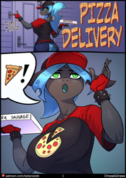 Size: 848x1200 | Tagged: safe, artist:chrysalisdraws, imported from derpibooru, queen chrysalis, anthro, changeling, changeling queen, comic:pizza delivery, alternate hairstyle, breasts, busty queen chrysalis, clothes, comic, fangs, female, fingerless gloves, food, gloves, open mouth, peetzer, pizza, pizza box, pizza delivery, solo, speech bubble