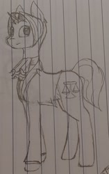 Size: 1014x1617 | Tagged: safe, artist:those kids in the corner, imported from derpibooru, pony, unicorn, ace attorney, clothes, cravat, miles edgeworth, ponified, standing, suit, traditional art