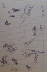 Size: 1716x2602 | Tagged: safe, artist:those kids in the corner, imported from derpibooru, fluttershy, earth pony, pegasus, pony, flying, practice drawing, sketch, traditional art, turned head, wings