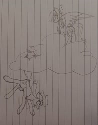 Size: 1498x1904 | Tagged: safe, artist:those kids in the corner, imported from derpibooru, applejack, rainbow dash, earth pony, pegasus, pony, cloud, confused, falling, scared, traditional art