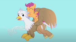 Size: 1280x721 | Tagged: safe, artist:mlp-silver-quill, imported from derpibooru, scootaloo, oc, oc:silver quill, griffon, pegasus, pony, after the fact, after the fact:rah! rah! rainbow!, cute, cutealoo, griffon oc, ocbetes, scootalove