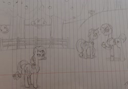 Size: 2758x1920 | Tagged: safe, artist:those kids in the corner, imported from derpibooru, applejack, rarity, trenderhoof, earth pony, pony, unicorn, angry, fence, looking at each other, looking at someone, sweet apple acres, traditional art