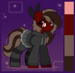 Size: 719x699 | Tagged: safe, artist:flixanoa, imported from derpibooru, oc, oc only, earth pony, pony, clothes, earth pony oc, eye clipping through hair, female, hoodie, mare, reference sheet, skirt, socks, striped socks