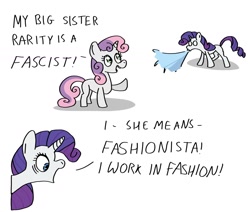 Size: 1590x1348 | Tagged: safe, artist:nerdynordic, imported from derpibooru, rarity, sweetie belle, pony, unicorn, belle sisters, comic, dialogue, duo, female, filly, foal, mare, misunderstanding, politics, siblings, simple background, sisters, spit take, spitting, water, white background