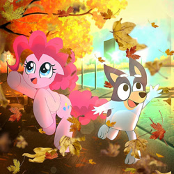 Size: 896x892 | Tagged: safe, artist:jaanhavi, imported from derpibooru, pinkie pie, dog, earth pony, pony, australian cattle dog, autumn, bluey, bluey heeler, crossover, duo, duo female, female, leaves, open mouth, open smile, reaching, smiling