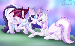 Size: 2250x1400 | Tagged: safe, artist:plinkie_poi, imported from derpibooru, oc, oc only, oc:glam rock, oc:star shower, bat pony, pony, unicorn, diaper, diaper fetish, duo, eyes closed, fetish, kissing, non-baby in diaper, poofy diaper