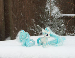 Size: 1024x792 | Tagged: safe, artist:lonewolf3878, imported from derpibooru, oc, oc:snowdrop, pegasus, pony, unicorn, brushable, customized toy, female, foal, irl, photo, snow, toy