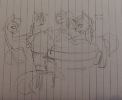 Size: 2344x1920 | Tagged: safe, artist:those kids in the corner, imported from derpibooru, oc, unnamed oc, earth pony, pegasus, pony, unicorn, chair, leaning back, poker, poker chips, smiling, table, traditional art