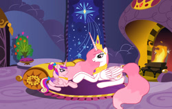 Size: 1120x714 | Tagged: safe, artist:valpinamoon, imported from derpibooru, princess cadance, princess celestia, pony, canterlot castle, crown, cute, cutedance, cutelestia, female, filly, filly cadance, fireplace, jewelry, momlestia, peytral, regalia, sweet dreams fuel, wholesome, younger