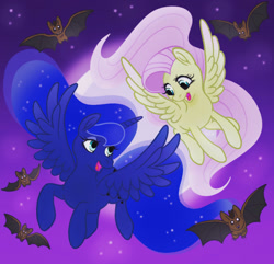 Size: 640x616 | Tagged: safe, artist:stormywitch90, imported from derpibooru, fluttershy, princess luna, alicorn, bat, pegasus, pony, cute, duo, duo female, female, flying, full moon, looking at each other, looking at someone, lunabetes, mare, moon, night, night sky, open mouth, open smile, shyabetes, sky, smiling, stars