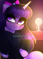 Size: 655x889 | Tagged: safe, artist:taiweiart, imported from derpibooru, oc, oc only, pony, unicorn, bow, bust, clothes, female, glasses, hair bow, heart, heart eyes, horn, indoors, lamp, mare, smiling, solo, unicorn oc, wingding eyes