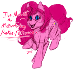 Size: 1518x1451 | Tagged: safe, artist:shinigami-of-excellence, imported from derpibooru, pinkie pie, earth pony, pony, dialogue, female, looking at you, mare, open mouth, open smile, signature, simple background, smiling, smiling at you, solo, transparent background, vulgar