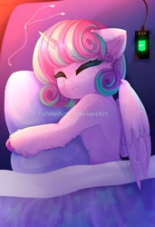 Size: 720x1051 | Tagged: safe, artist:taiweiart, imported from derpibooru, princess flurry heart, alicorn, pony, blank flank, constellation, eyes closed, female, hug, mare, older, older flurry heart, pillow, pillow hug, sleeping, solo