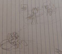 Size: 2024x1755 | Tagged: safe, artist:those kids in the corner, imported from derpibooru, sweetie belle, alicorn, pony, unicorn, alicornified, bed, dream, eyes closed, fire, lined paper, race swap, sketch, smiling, sweetiecorn, thought bubble, traditional art