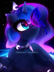 Size: 1500x2000 | Tagged: safe, artist:taiweiart, imported from derpibooru, princess luna, butterfly, pony, ethereal mane, eyelashes, female, jewelry, mare, solo, starry mane, tiara