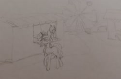 Size: 2942x1920 | Tagged: safe, artist:those kids in the corner, imported from derpibooru, oc, oc:spark, earth pony, pony, unicorn, carnival, fair, ferris wheel, festival, traditional art, vendor, vendor stall, walking