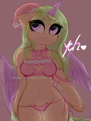 Size: 1500x2000 | Tagged: safe, artist:taiweiart, imported from derpibooru, oc, oc only, alicorn, anthro, alicorn oc, arm hooves, bowtie, bra, christmas, clothes, eyelashes, female, hat, holiday, horn, panties, santa hat, underwear, wings