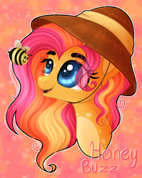 Size: 778x977 | Tagged: safe, artist:indignite, imported from derpibooru, bumblesweet, bee, earth pony, insect, pony, cute, female, hat, honey buzz, mare, markings, open mouth, solo, sun hat