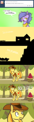 Size: 1280x4557 | Tagged: safe, artist:lolepopenon, imported from derpibooru, braeburn, oc, oc:billie, earth pony, pony, ask billie the kid, apple, ask, clothes, comic, female, filly, foal, food, fruit heresy, hat, jacket, male, stallion