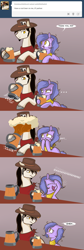 Size: 1280x3831 | Tagged: safe, artist:lolepopenon, imported from derpibooru, oc, oc:billie, oc:wildcard, earth pony, pony, ask billie the kid, ask, comic, duo, female, filly, foal, hat, male, prank, stallion