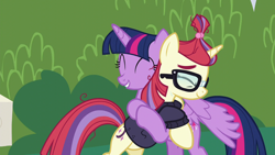 Size: 1280x720 | Tagged: safe, imported from derpibooru, screencap, moondancer, twilight sparkle, alicorn, pony, unicorn, amending fences, bipedal, cute, daaaaaaaaaaaw, dancerbetes, duo, duo female, eyes closed, female, forgiveness, glasses, happy, hug, reconciliation, smiling, twiabetes, twilight sparkle (alicorn)