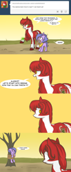 Size: 1280x3117 | Tagged: safe, artist:lolepopenon, imported from derpibooru, oc, oc:billie, oc:desert willow, earth pony, pony, ask billie the kid, ask, comic, duo, rope, shrunken pupils, tied up, tree