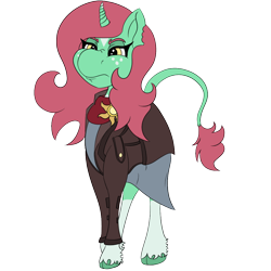 Size: 1000x1000 | Tagged: safe, artist:gray star, imported from derpibooru, oc, oc:minty shine (graystar), classical unicorn, pony, unicorn, fallout equestria, clothes, cloven hooves, cultist, curved horn, dress, fallout equestria:all things unequal (pathfinder), female, freckles, grumpy, horn, jacket, leonine tail, simple background, tail, transparent background, unshorn fetlocks, wingding eyes