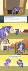 Size: 1280x3158 | Tagged: safe, artist:lolepopenon, imported from derpibooru, oc, oc:billie, oc:sandy, butterfly, earth pony, pony, ask billie the kid, ask, bow, comic, hair bow, tail, tail bow