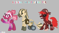 Size: 7111x4000 | Tagged: safe, artist:melisareb, imported from derpibooru, part of a set, abada, earth pony, pegasus, pony, .svg available, 16:9, abadafied, absurd resolution, alphabet lore, bag, clothes, cowprint, eyepatch, female, gray background, headband, leonine tail, long sleeved shirt, long sleeves, looking at you, male, mare, open mouth, p, pirate, ponified, q, r, raised hoof, scrunchie, shirt, simple background, species swap, stallion, tail, thin, trio, vector, wheelchair
