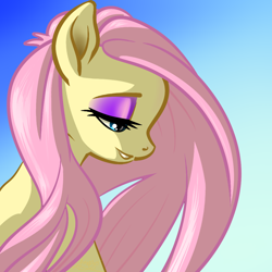 Size: 1080x1080 | Tagged: safe, artist:annacurser, imported from derpibooru, fluttershy, pegasus, pony, bust, eyeshadow, female, gradient background, lidded eyes, makeup, mare, profile, smiling, solo