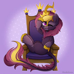 Size: 2500x2500 | Tagged: safe, artist:madelinne, imported from derpibooru, oc, oc only, kirin, commission, crown, jewelry, kirin oc, leonine tail, regalia, simple background, sitting, solo, tail, throne
