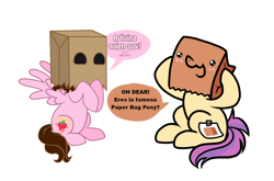 Size: 1148x758 | Tagged: safe, artist:paperbagpony, artist:shinta-girl, imported from derpibooru, oc, oc:paper bag, oc:shinta pony, bag, collaboration, dialogue, fake cutie mark, oh dear, paper bag, simple background, spanish, white background