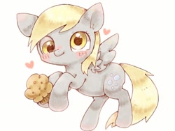 Size: 1024x768 | Tagged: safe, artist:rokka, imported from derpibooru, derpy hooves, pegasus, pony, blushing, cute, derpabetes, female, food, heart, mare, muffin, simple background, solo, white background