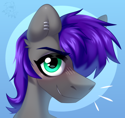 Size: 1800x1700 | Tagged: safe, artist:rtootb, imported from derpibooru, oc, oc only, earth pony, pony, blue background, blushing, bust, ear fluff, ear piercing, eyelashes, femboy, feminine stallion, gray fur, green eyes, icon, looking at you, male, piercing, portrait, purple hair, purple mane, simple background, smiling, smiling at you, smirk, smug, stallion, stallion oc